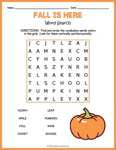 Easy Fall Word Search Printable Word Search Printable Free For Kids