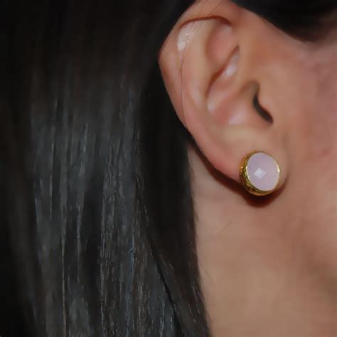 Pink Quartz Stud Earrings Made With Silver Coated 18K Gold Etsy