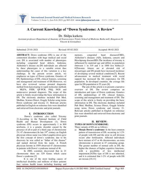 Pdf A Current Knowledge Of Down Syndrome A Review