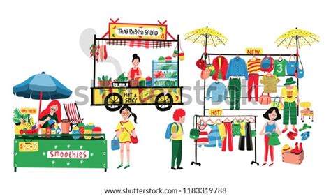 People Selling And Shopping At Flea Market Or Marketplace Clothes Shop