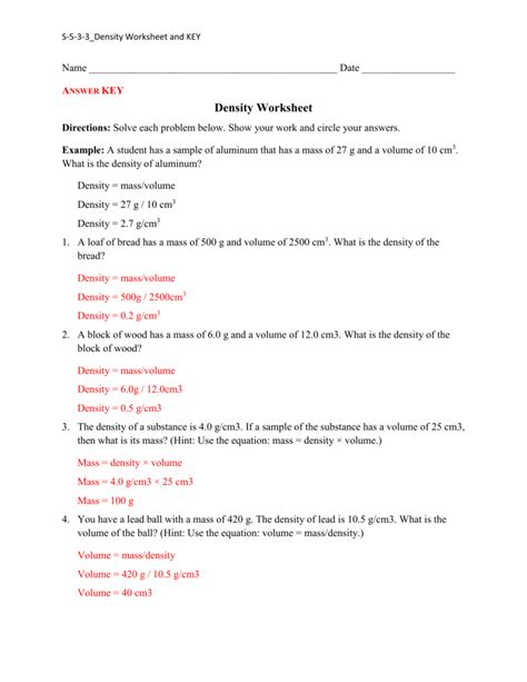 Density Practice Worksheet Answers