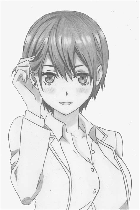 A Drawing Of A Woman With Short Hair Wearing A Shirt And Tie Holding