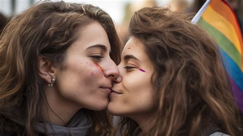 Fundo Duas Mulheres Se Beijam Na Boca Com Uma Bandeira Do Orgulho Gay Nos Braços Fundo Foto De