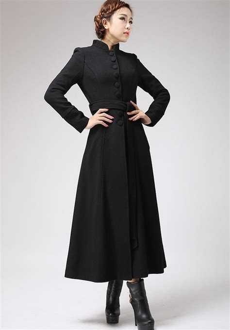Black Coat Dress Coat Mandarin Collar Long Coat Womens Etsy