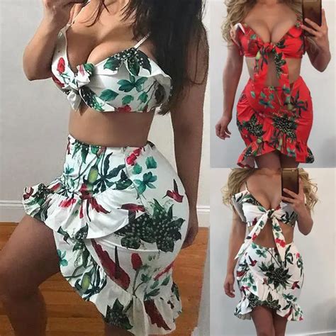 Hirigin Women Floral Bodycon Two Piece Crop Sexy Top And Mini Skirts