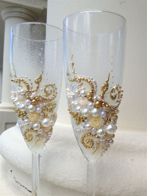 elegant wedding champagne glasses hand decorated by purebeautyart