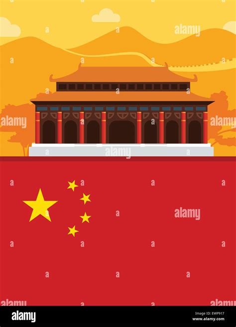 Illustrative Representation Of Chinese Pagoda And Chinese Flag Stock