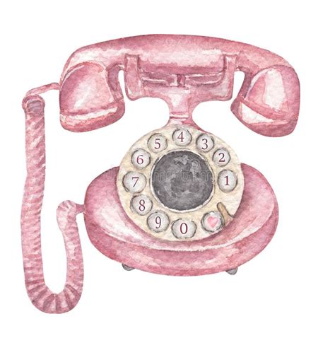 Watercolor Hand Drawn Retro Phone Clipart Pink Rotating Disk Antique