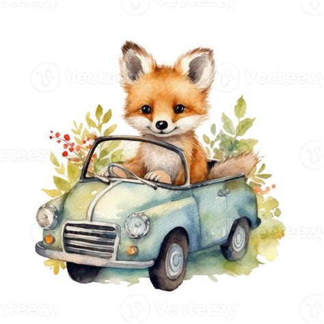 Cute Watercolor Baby Animal In Car Illustration Ai Generative 23570519 Png