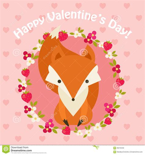 Saint Valentine S Day Pink Card With Fox Stock Vector Illustration Of