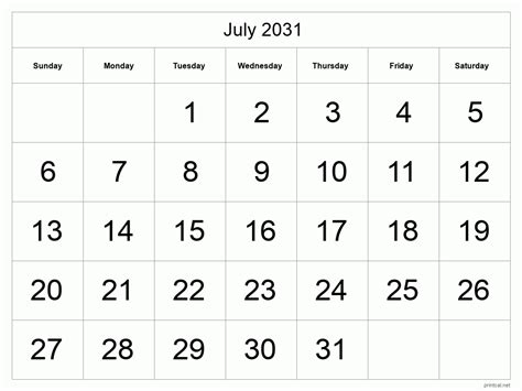 Printable July 2031 Calendar Free Printable Calendars