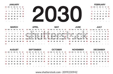 Calendar 2030 Template Vector Set 12 Stock Vector Royalty Free