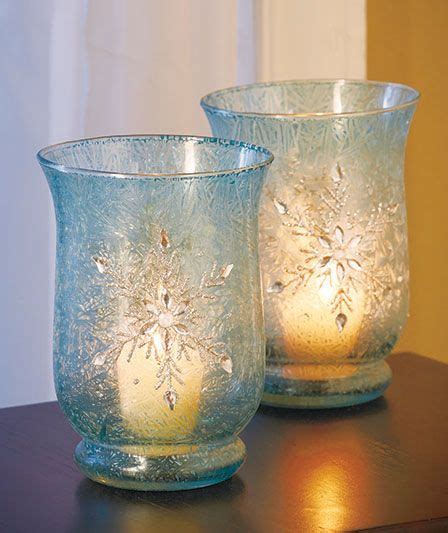 Sets Of 2 Frosted Glass Jeweled Hurricanes Snowflake Candles Jewel