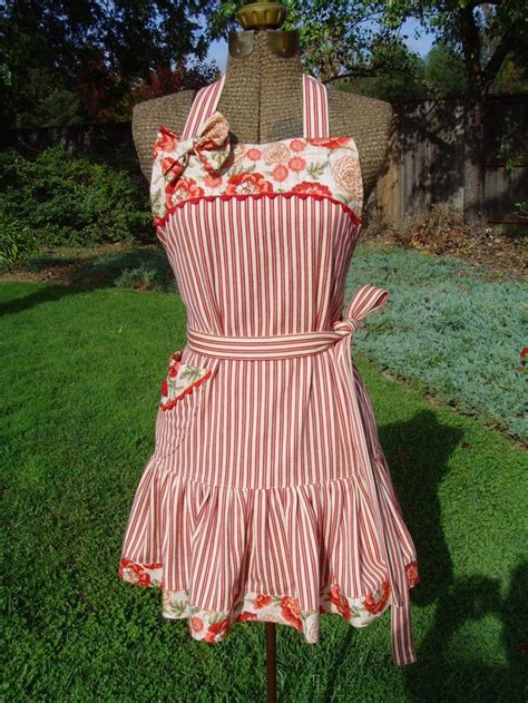 Red Apron Womens Apron Handmade Apron Red Cream Ticking Etsy Womens Aprons Handmade Aprons