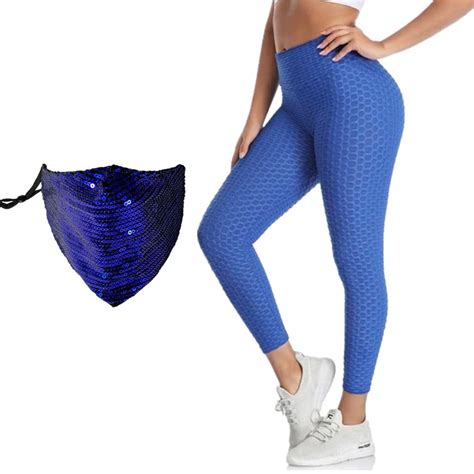 Honeycomb Butt Lift Yoga Pants Tight Leggings And Sequin Face Mask Blue