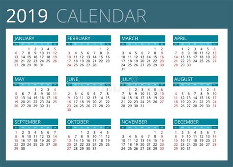 Calendario Para 2019 La Semana Comienza Domingo Diseño Simple Del