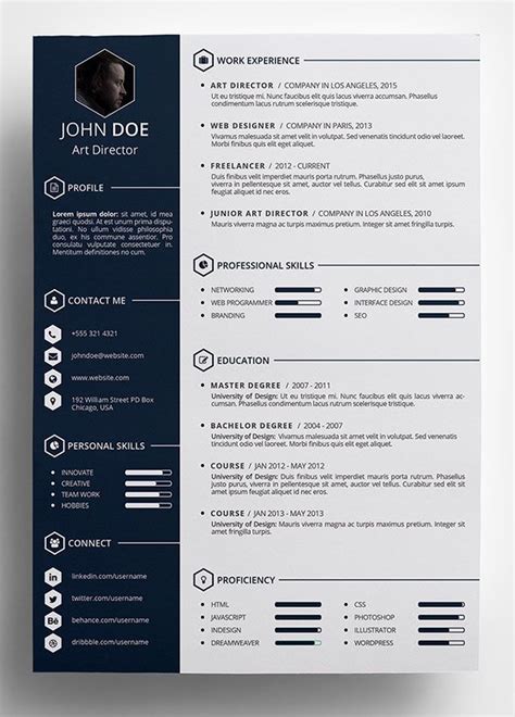 A Professional Resume Template With Blue And Black Colors On The Front Side And Back
