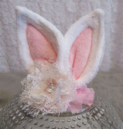 White And Pink Super Soft Fleece Bunny Ears Shabby Chic Headband Bunny