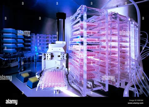 Robotic Machine Loads Titre Plates In Biotechnology Research Lab For