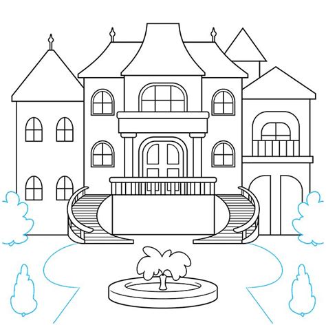 A Drawing Of A House With A Fountain In The Front Yard