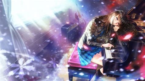 Anime Girl Piano Black Hair Blue Eyes Guitar Instrument Kneehighs Long