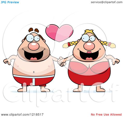 clipart of a chubby beach couple in swimsuits holding hands under a heart royalty free vector