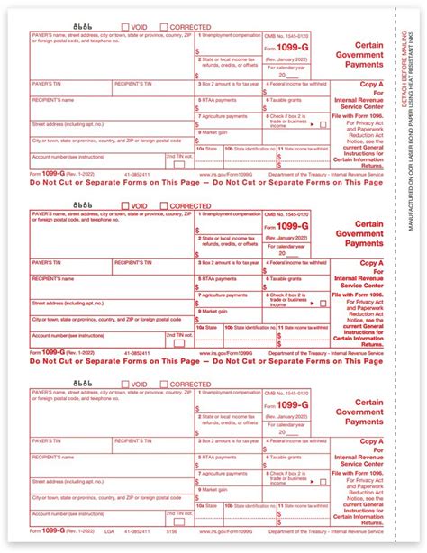 1099g Tax Forms For Government Payments Irs Copy A