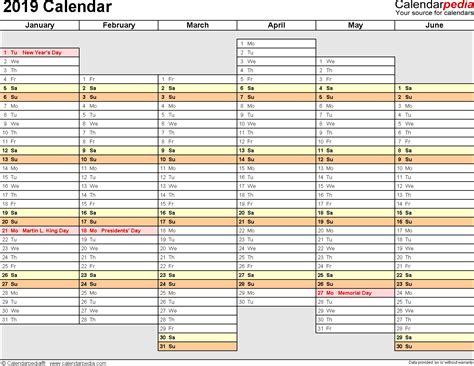 2019 Calendar Free Printable Microsoft Excel Templates