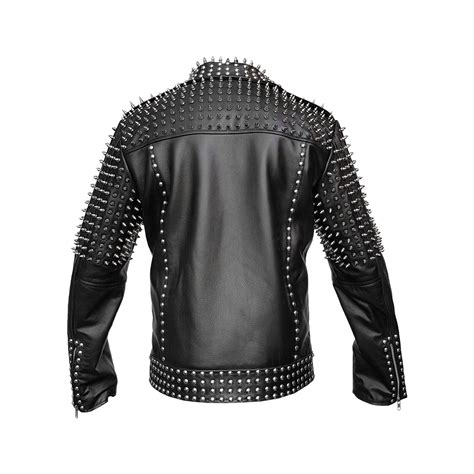 Mens Leather Jacket Black Spike Studded Rock Star Punk Style Cropped F