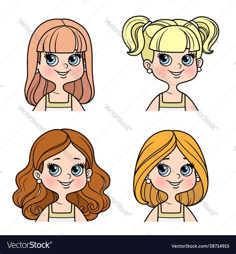 Cute Cartoon Girl Four Hairstyle Options Color Vector Image