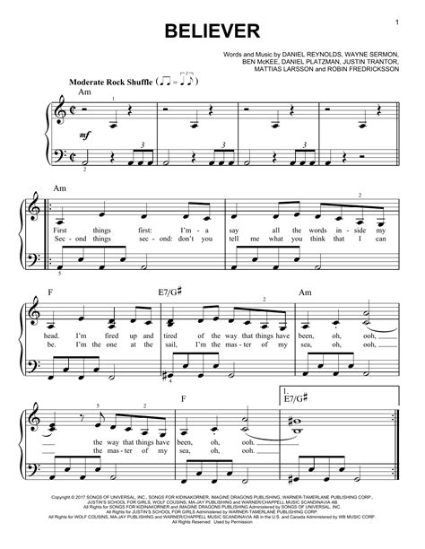 Believer, as performed by imagine dragons, arranged for easy piano by jennifer eklund. Imagine Dragons Believer 190806 | Clarinet sheet music, Cello sheet music, Sheet music