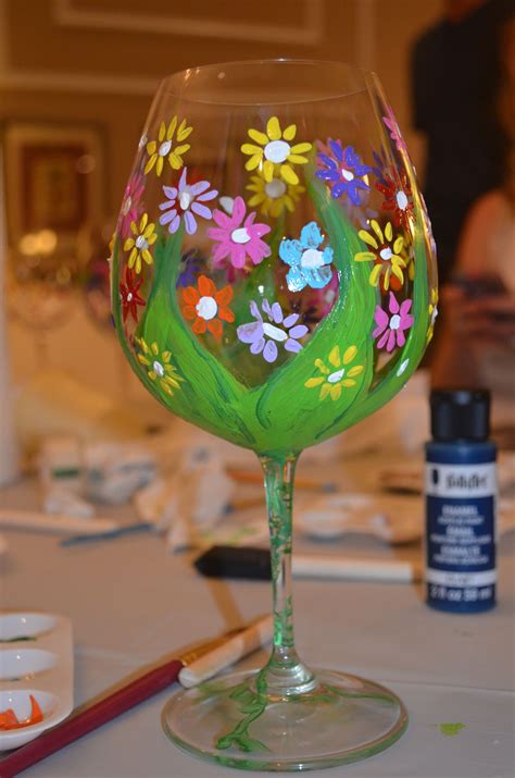 Wine Glasses Decorated By Party Participants Decorated Wine Glasses Wine Decor Painted Wine