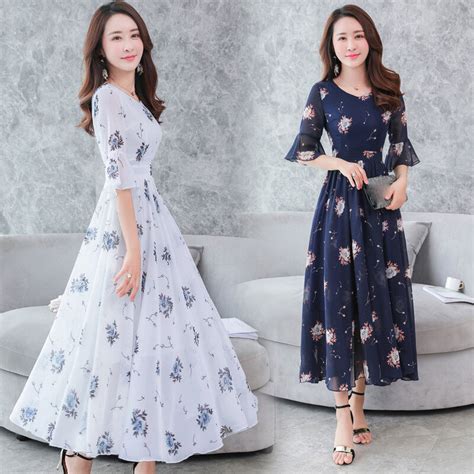 2020 New Fashion Summer Korean Beautiful Temperament Chiffon Printing Dress Ebay