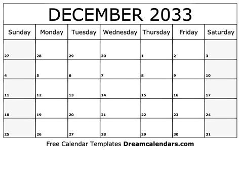 December 2033 Calendar Free Blank Printable With Holidays