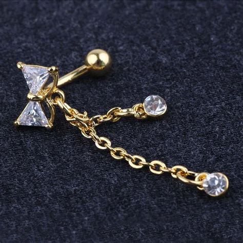 New Reverse Belly Button Ring Dangle Bowknot Clear Cz Navel Bar Gold