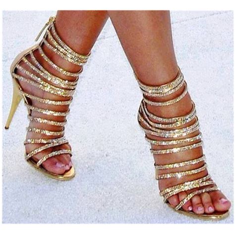 Gold Crystals Peep Toe Sexy High Heels Stilettos Luxury Rhinestones