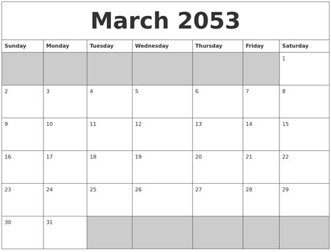 March 2053 Blank Printable Calendar