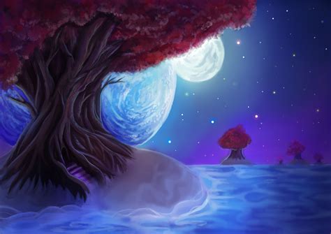 Painting Landscape Tree Leaves Sky Night Stars The Moon The