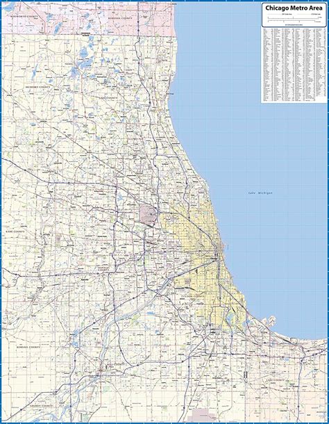 Chicago Metro Area Laminated Wall Map 48x62 Office