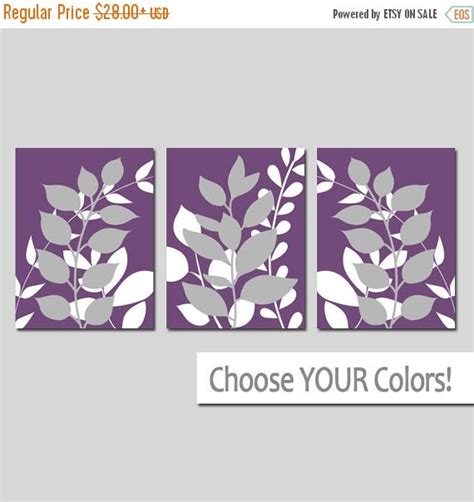 Purple Gray Wall Art Bedroom Pictures Leaves Canvas By Trmdesign
