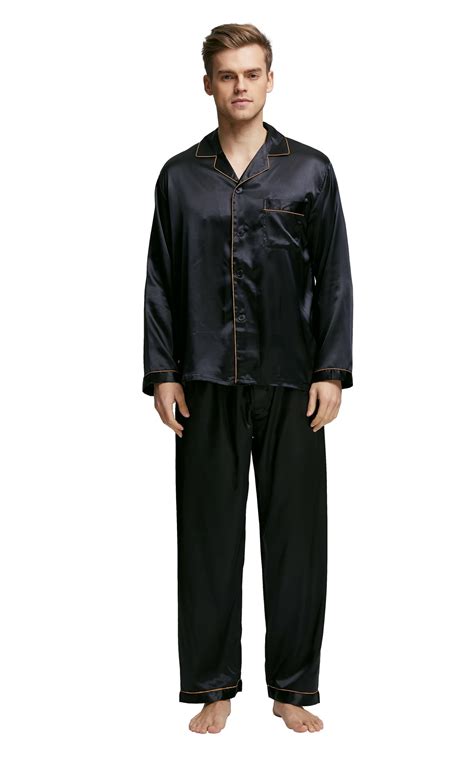 Mens Silk Satin Pajama Set Long Sleeve Black With Golden Piping Tony