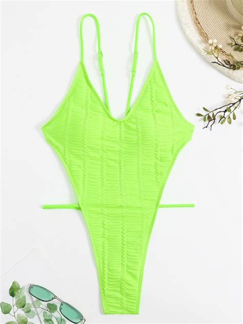 Neon Lime High Cut One Piece Swimsuit Shein Usa