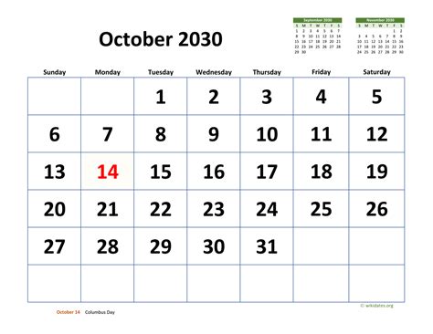 October 2030 Calendar With Extra Large Dates