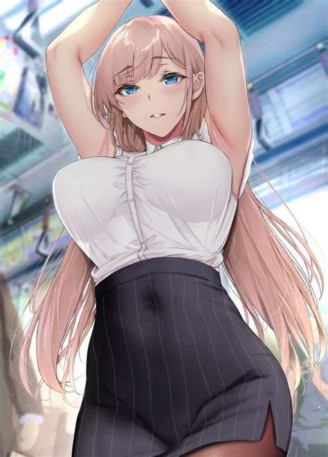 Safebooru 1girl Armpits Arms Up Bangs Black Legwear Blue Eyes Blush Breasts Brown Hair Covered