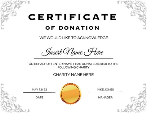 Editable Certificate Of Donation Template Printable Charity Etsy