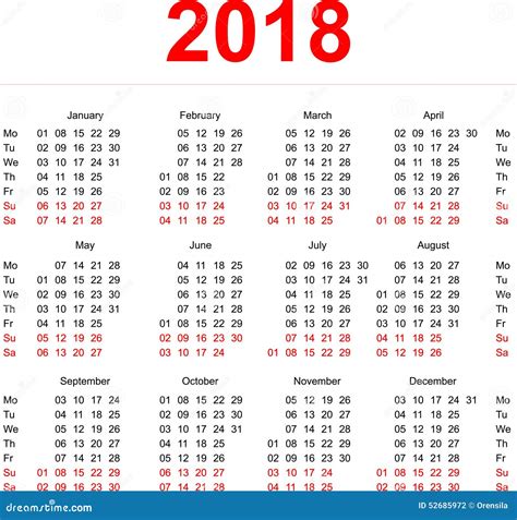 Mall För 2018 Kalender Vertikala Veckor Första Dag Måndag Vektor