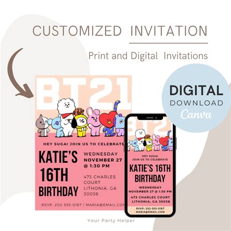 Custom Bts 21 Pinkbirthday Invitation Editable Bts Birthday Celebration