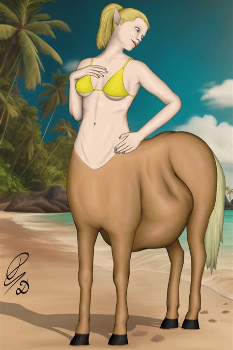 Rule 34 Beach Bikini Bikini Top Blonde Hair Breasts Centaur Centauress Detailed Detailed Bulge