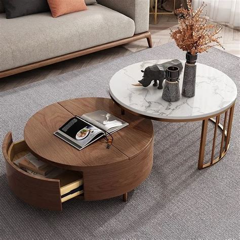 White Round Nesting Coffee Table With Storage Wood Rotating Top In Rose