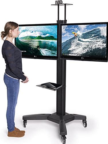Freestanding dual tv stand with rotating brackets this freestanding dual tv stand supports two flat panels from 32 to 70 up to a combined weight of 110 lbs, making it a great option for digital signage. Side by Side Dual TV Stand | Adjustable Mount w/ Top ...